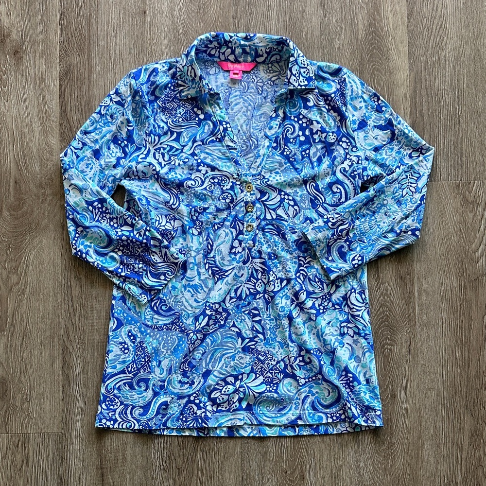 Lilly Pulitzer Ansley 3/4 Sleeve Polo Shirt Royal Purple Go Animals XS Preppy
